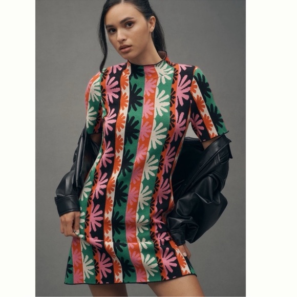 NWT Anthropologie The Nina Short-Sleeve Mock-Neck Mod Mini Dress - Multiple🟤🥨 - Picture 3 of 12